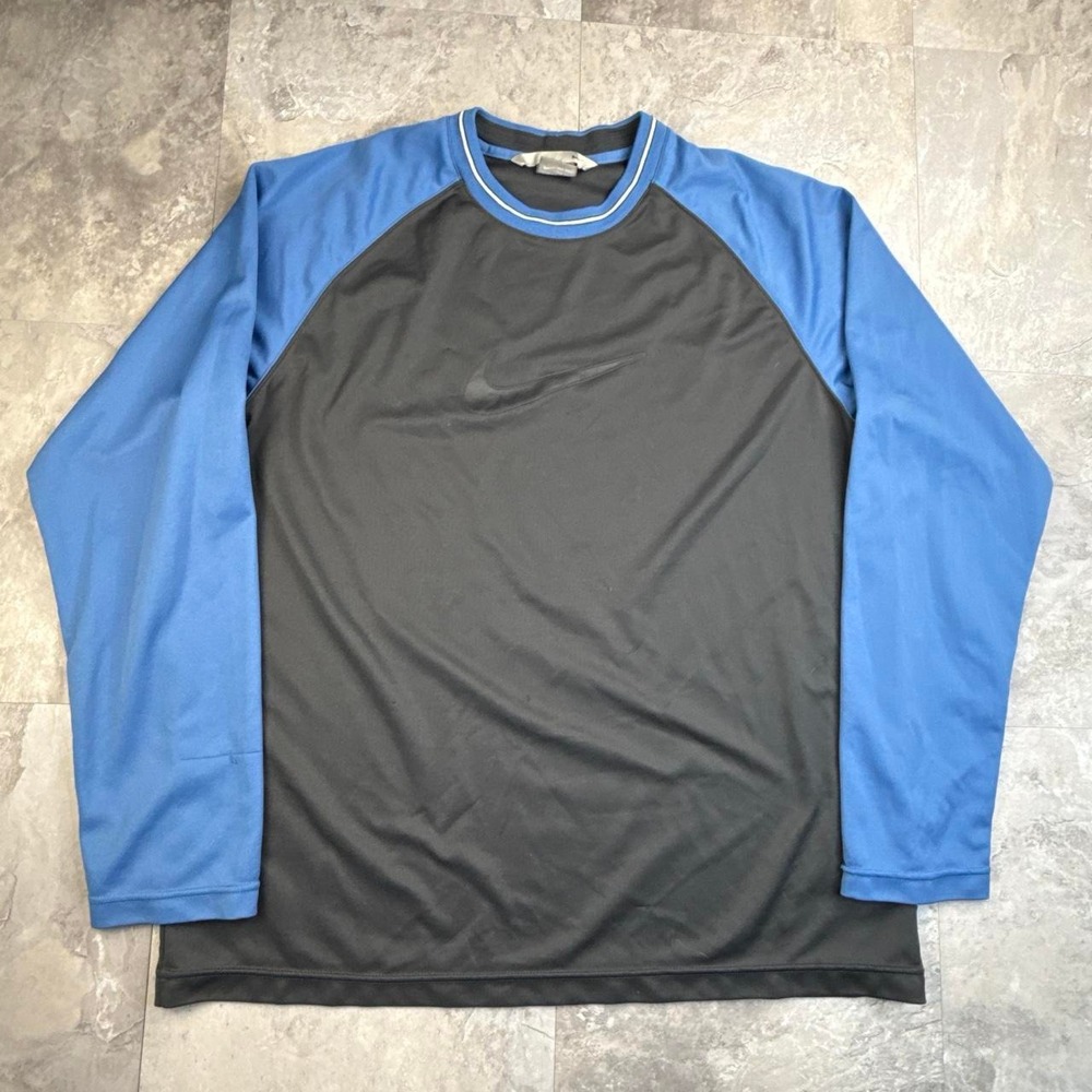 Vintage 00s nike gray and blue center swoosh athletic long sleeve shirt size xl